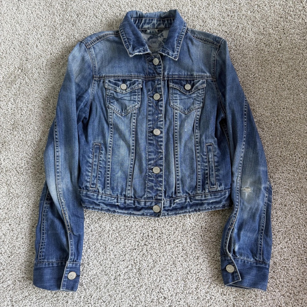 Aeropostale Y2K Denim Jacket Womens Medium Blue Denim Button Front Short Casual